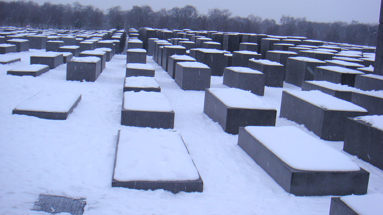 Memorial to the Murdered Jews of Europe covered in snow, February 2009.