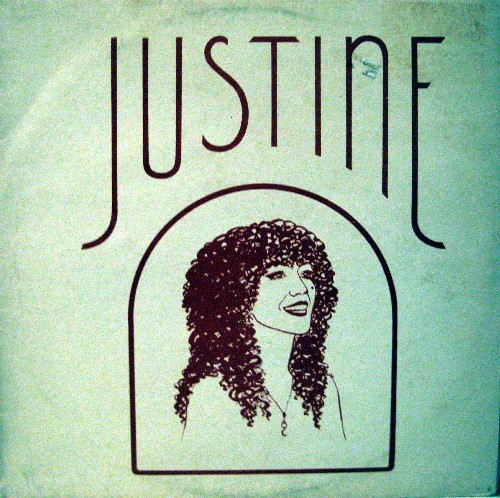 Blue-green album cover, with the word 'Justine' written at the top of the image, and a sketch of a woman below it
