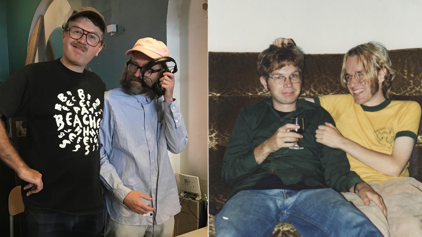 Left, Guy and Ben stand next to each other. Right, a young Guy and Ben sit together on a couch, with Ben turned towards Guy and smiling.