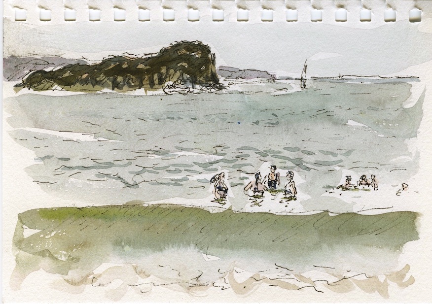 watercolour painting of people swimming with Lion Island in the background.